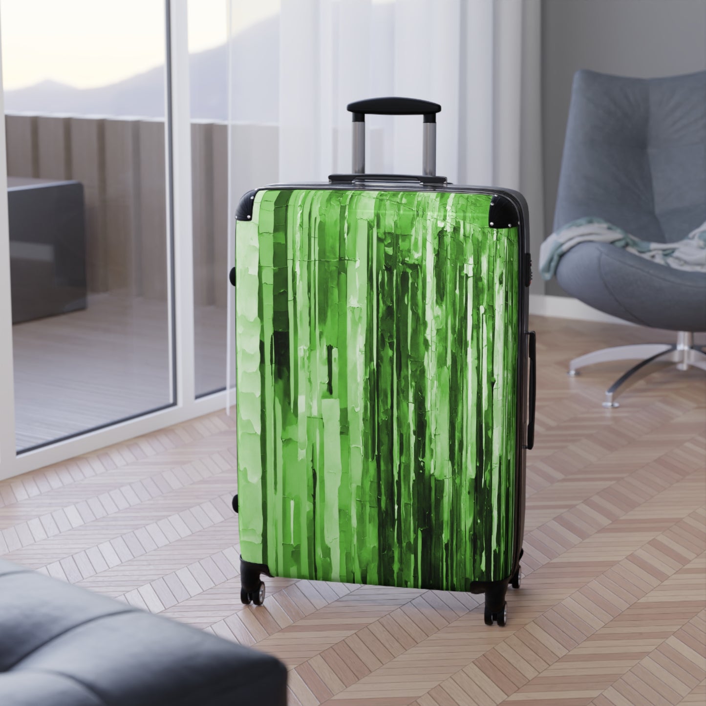 Striped Mint Pastel Large Suitcase with built in lock, 4 double-wheels, telescopic handle, and ABS back hard-shell