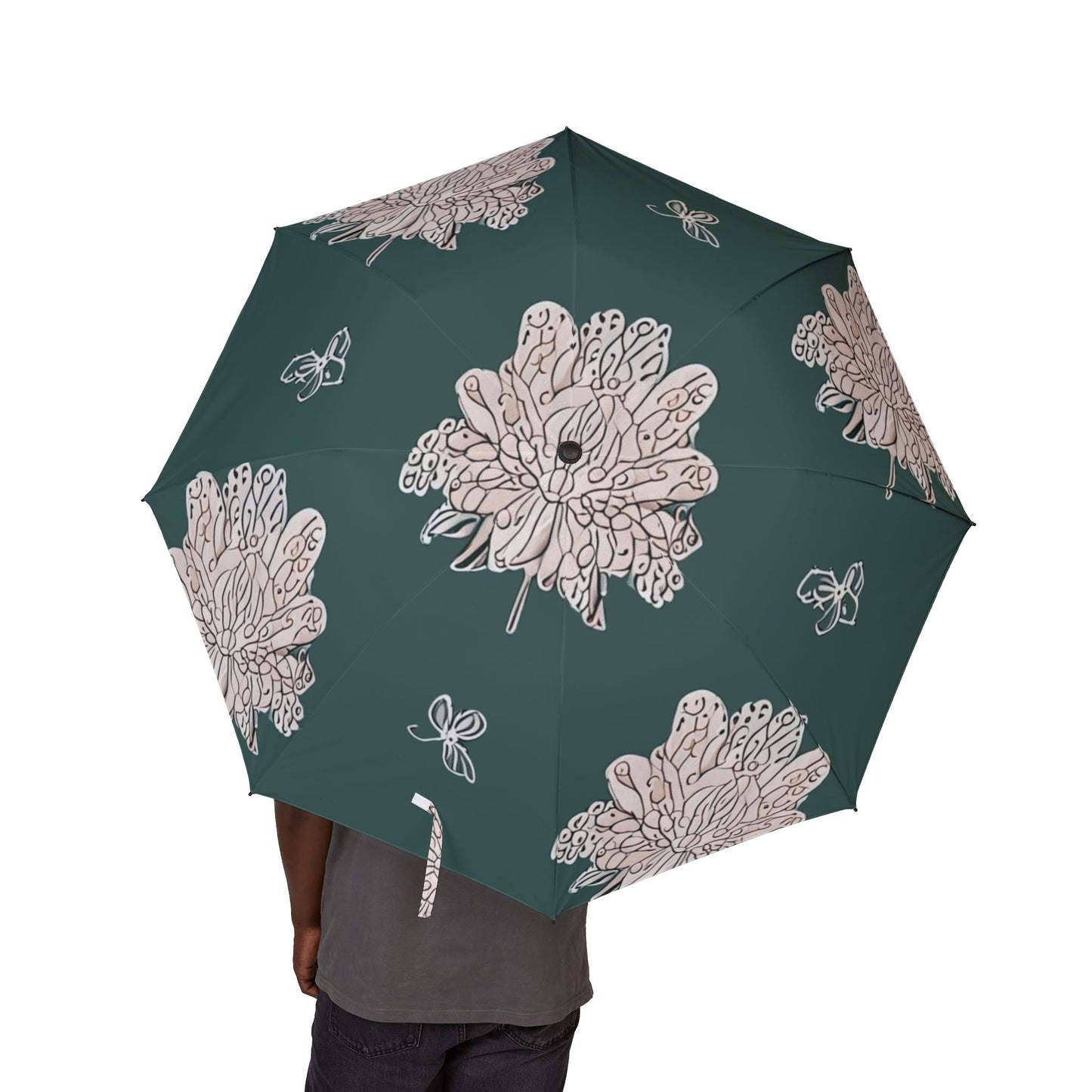 Soft White Floral Butterflies Foldable Umbrella - Compact & Chic