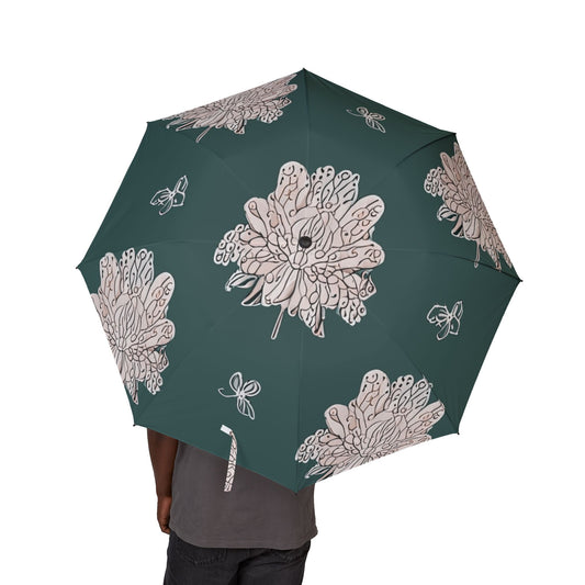 Soft White Floral Butterflies Foldable Umbrella - Compact & Chic