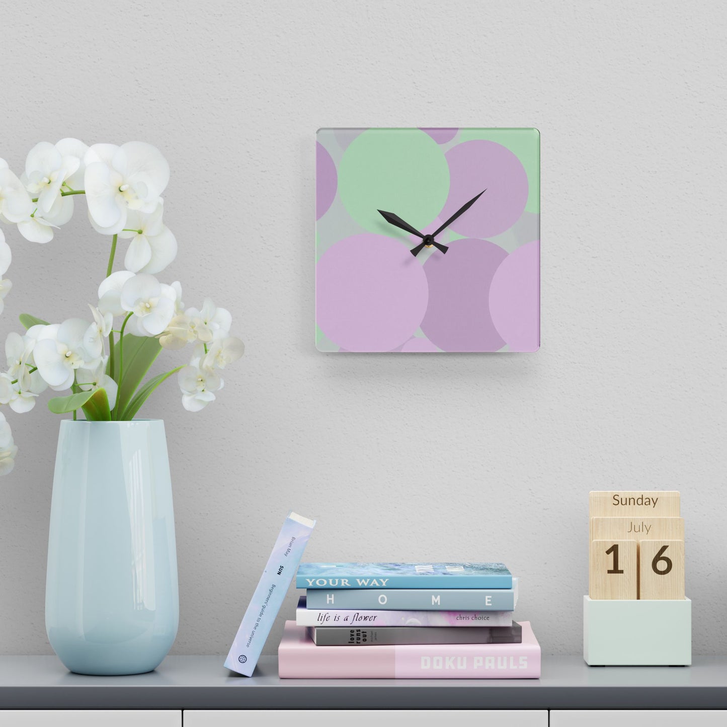 Pastel Lavender Purple and Soft Green Patches Acrylic Wall Clock, Round or Square, 10.75" x 10.75"