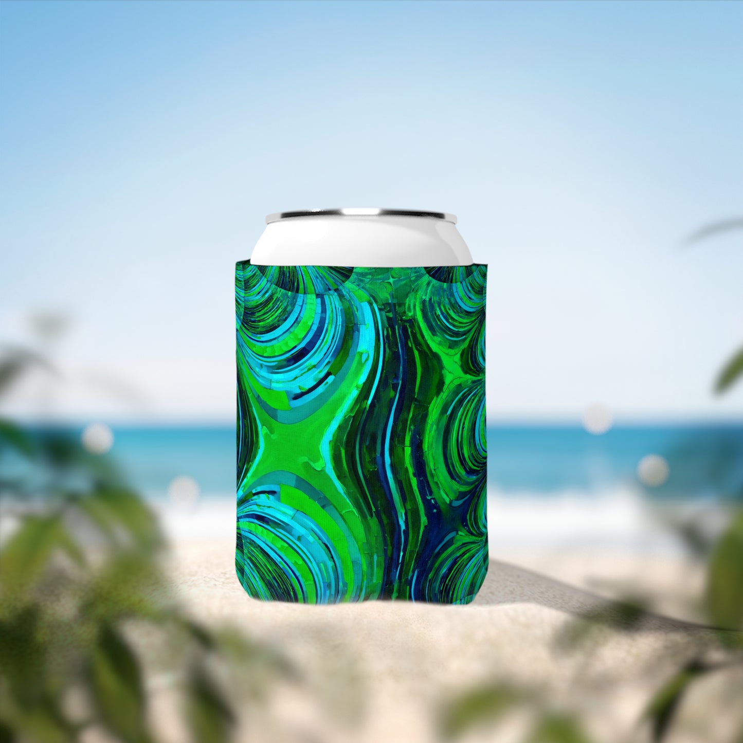 Uzi Spiral Blue Green 12 oz Can Cooler Sleeve