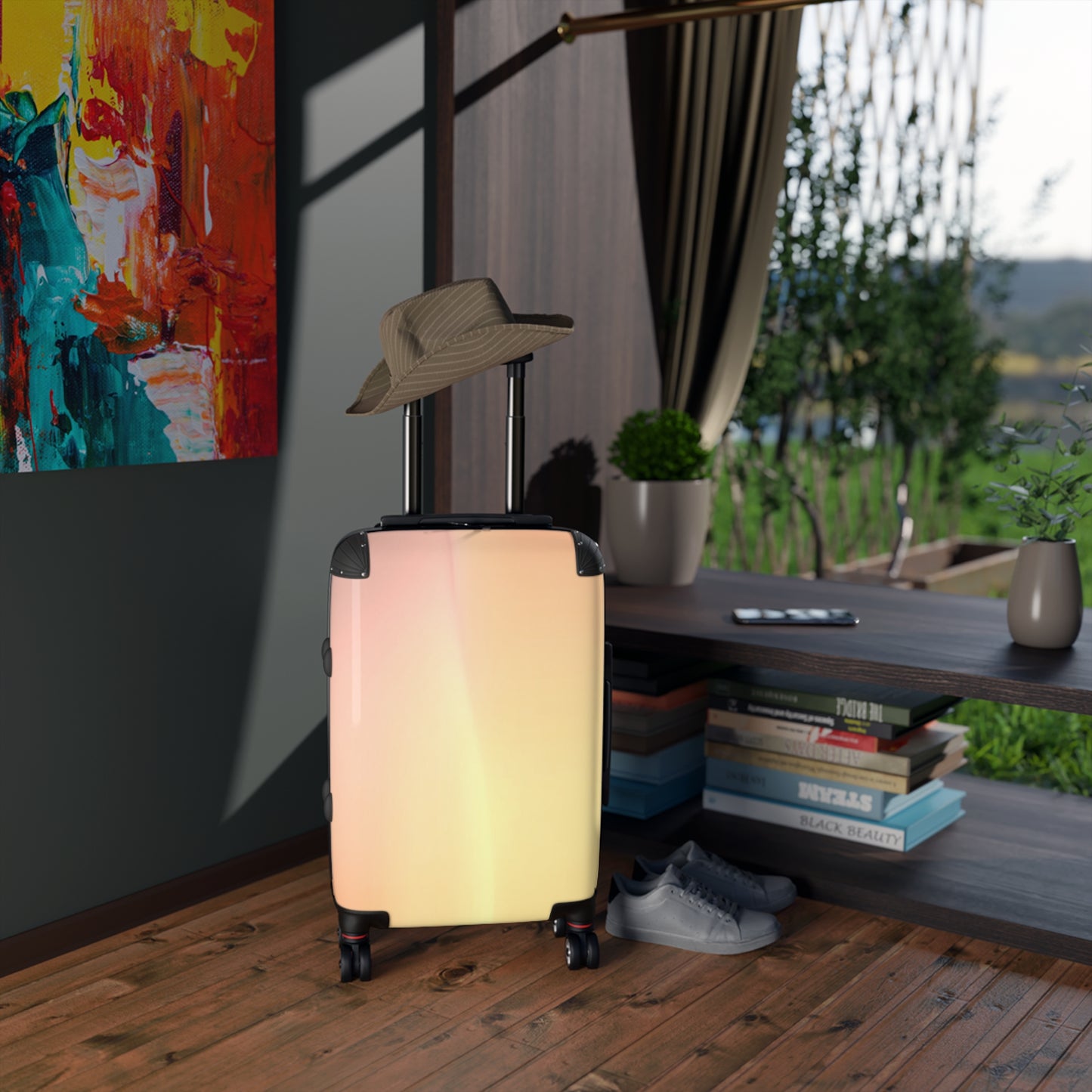 Hot Peach Fade Small Suitcase with built in lock, 4 double-wheels, telescopic handle, and ABS back hard-shell