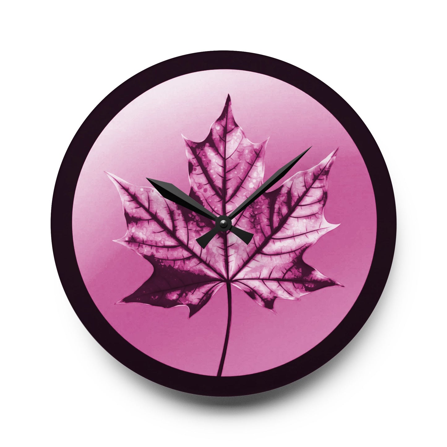 Magenta Maple Leaf Acrylic Wall Clock, Round or Square, 10.75" x 10.75"