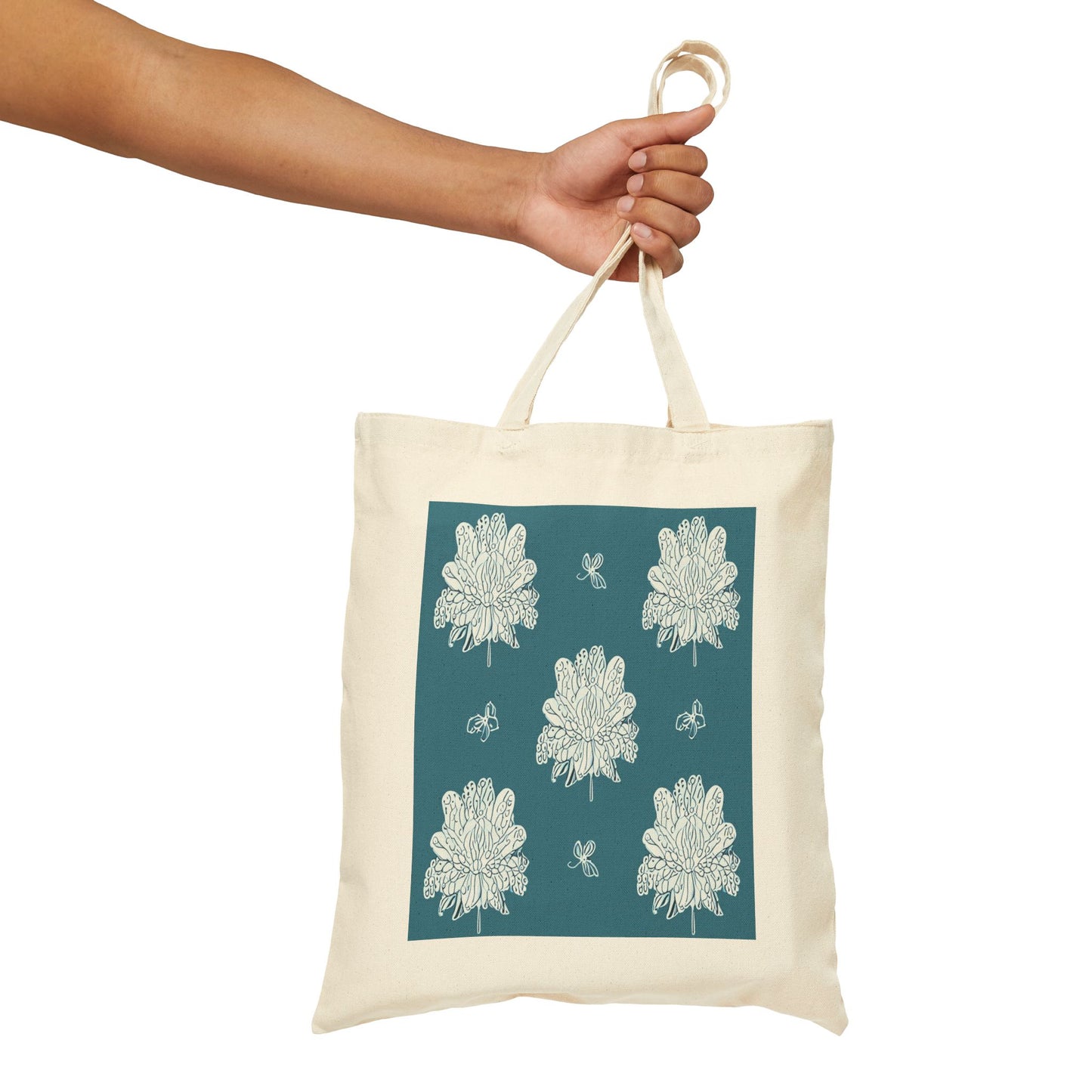 Tif Green White Floral Butterflies Cotton Canvas Tote Bag