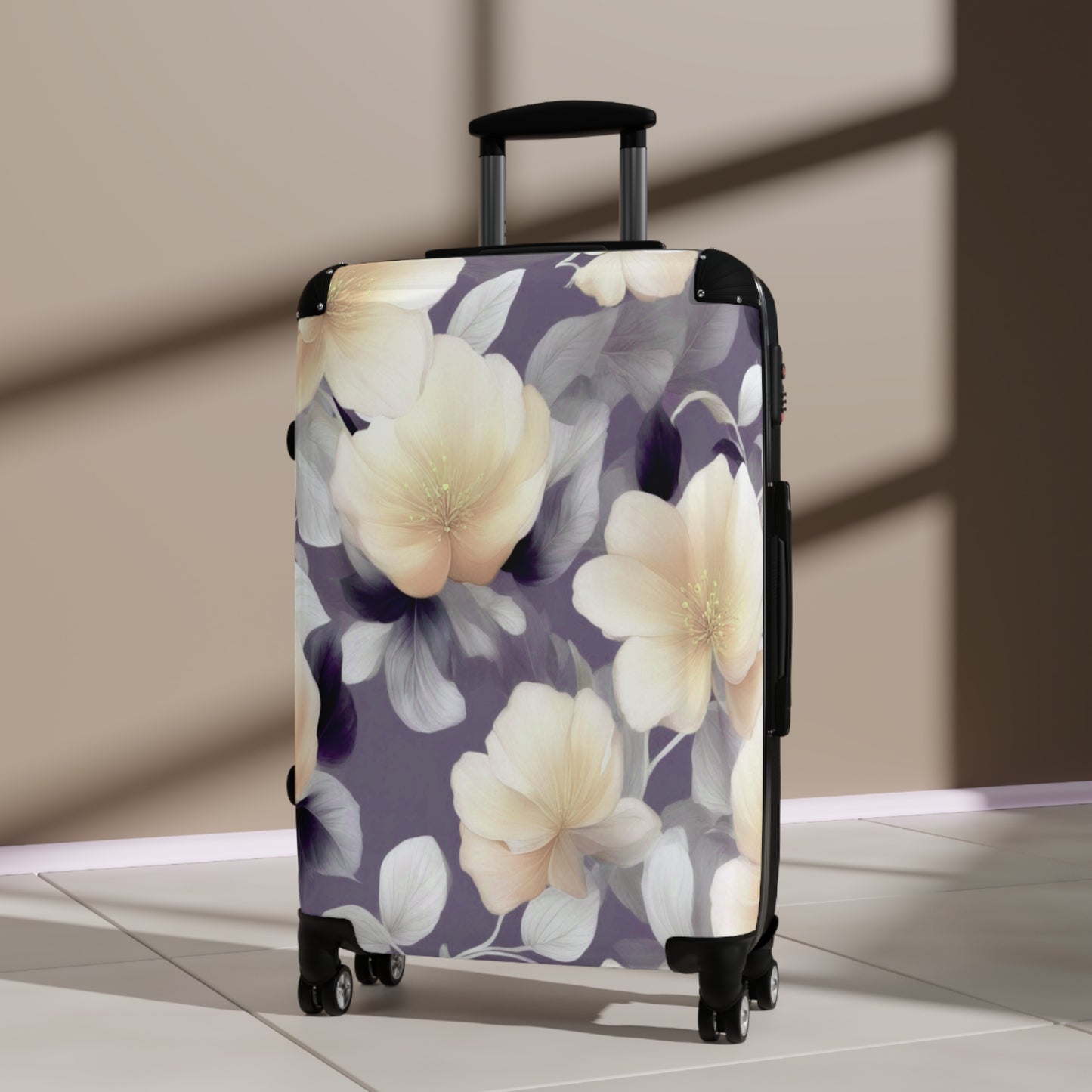 White Blush Floral Bunch Medium Suitcase with built in lock, 4 double-wheels, telescopic handle, and ABS back hard-shell