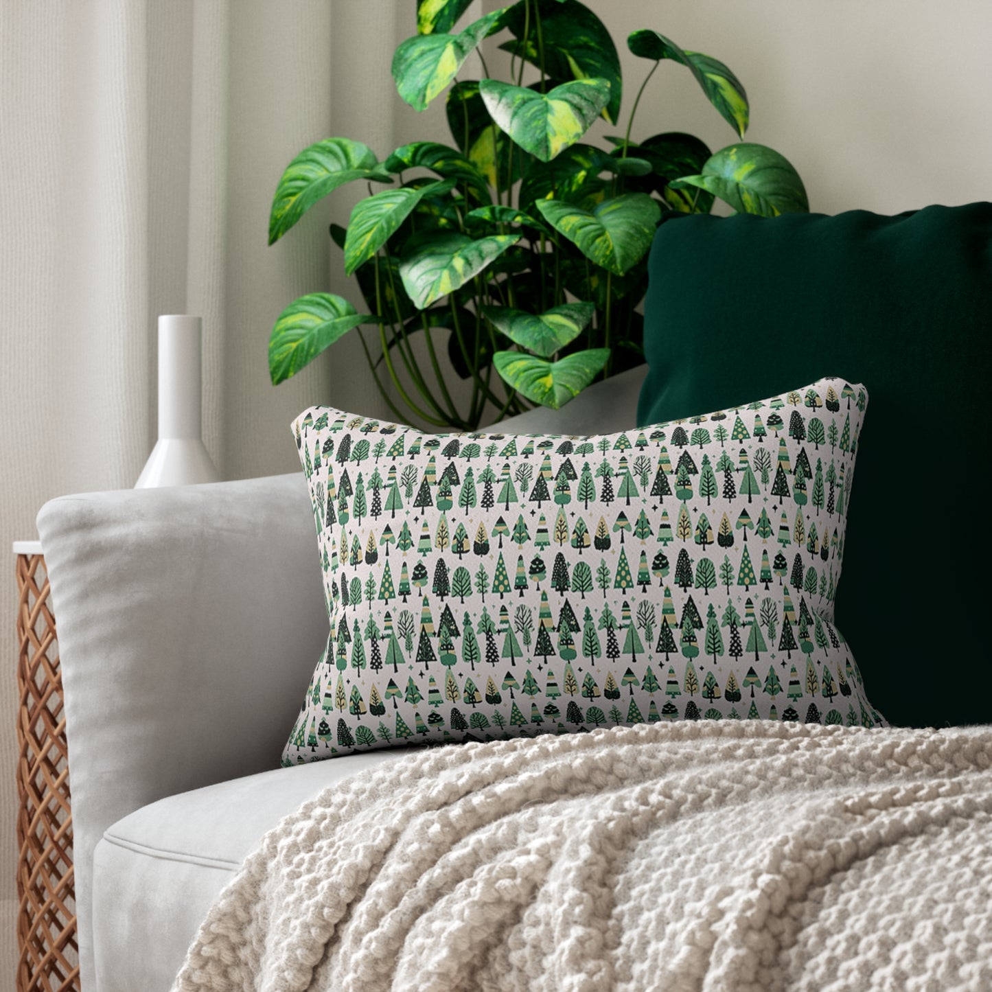 Mini Vintage Green Trees Spun Polyester Lumbar Pillow, 20" x 14"