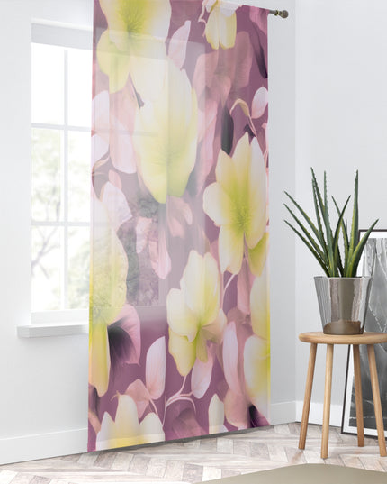 Lemon Blossom Floral Bunch Sheer Window Curtain, 50" x 84", partially transparent