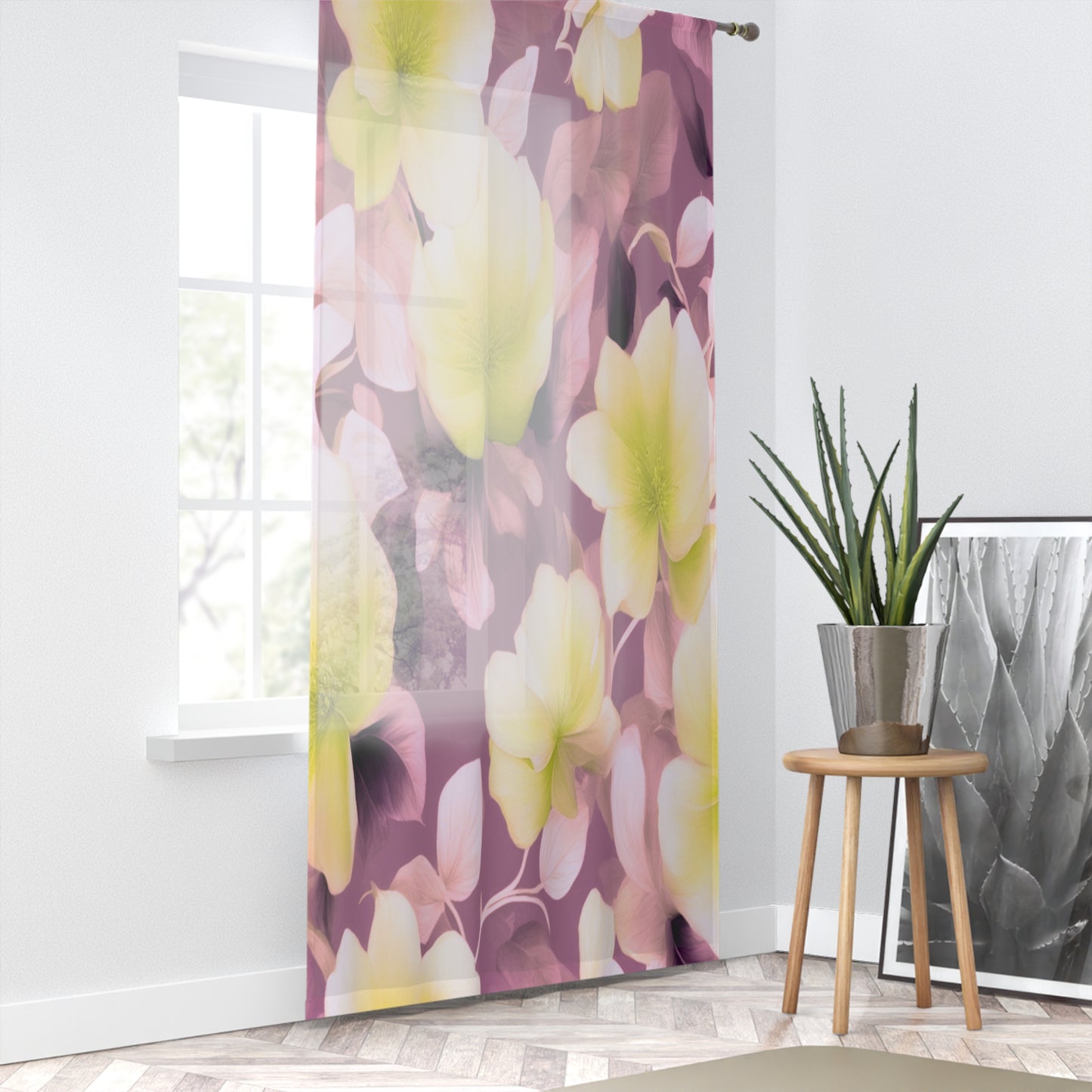 Lemon Blossom Floral Bunch Sheer Window Curtain, 50" x 84", partially transparent