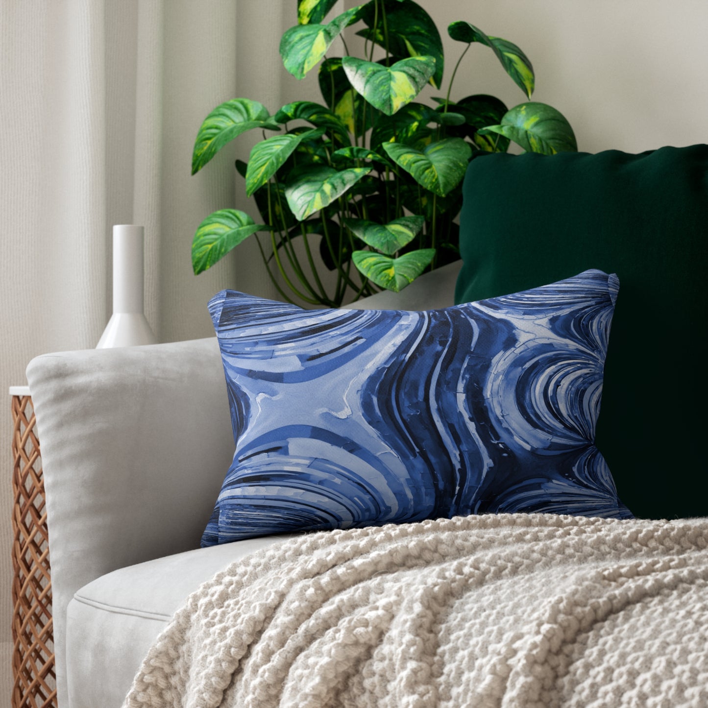 Uzi Spiral Deep Blue Spun Polyester Lumbar Pillow, 20" x 14"