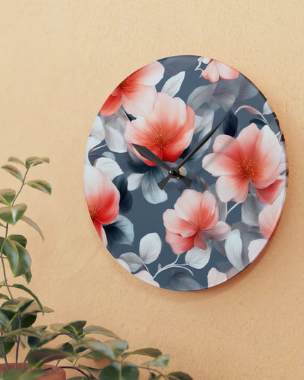 Red Blossom Floral Bunch Acrylic Wall Clock, Round or Square, 10.75" x 10.75"