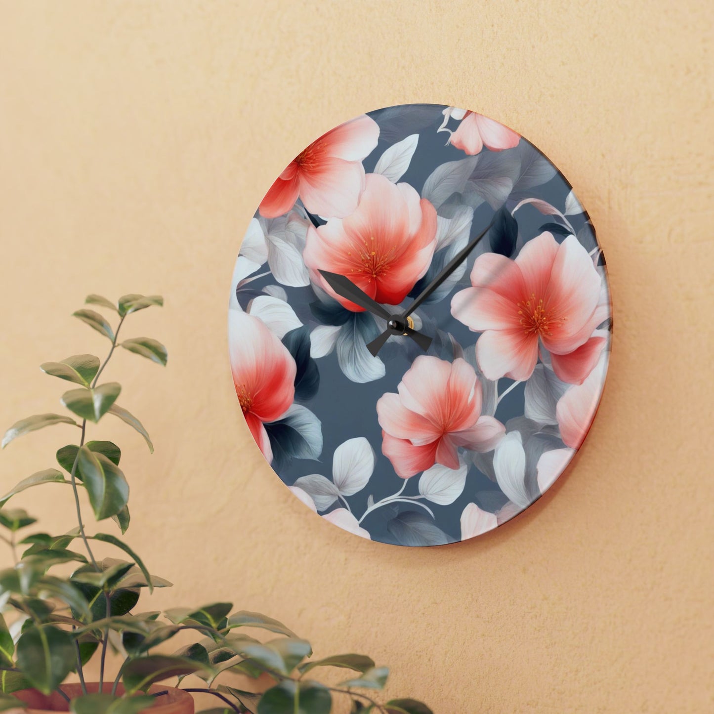 Red Blossom Floral Bunch Acrylic Wall Clock, Round or Square, 10.75" x 10.75"