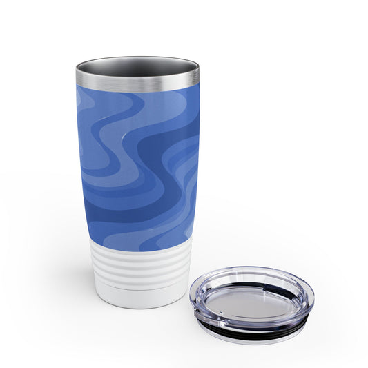Deep Blue Wavey Ringneck Tumbler, 20oz in white, steel and black