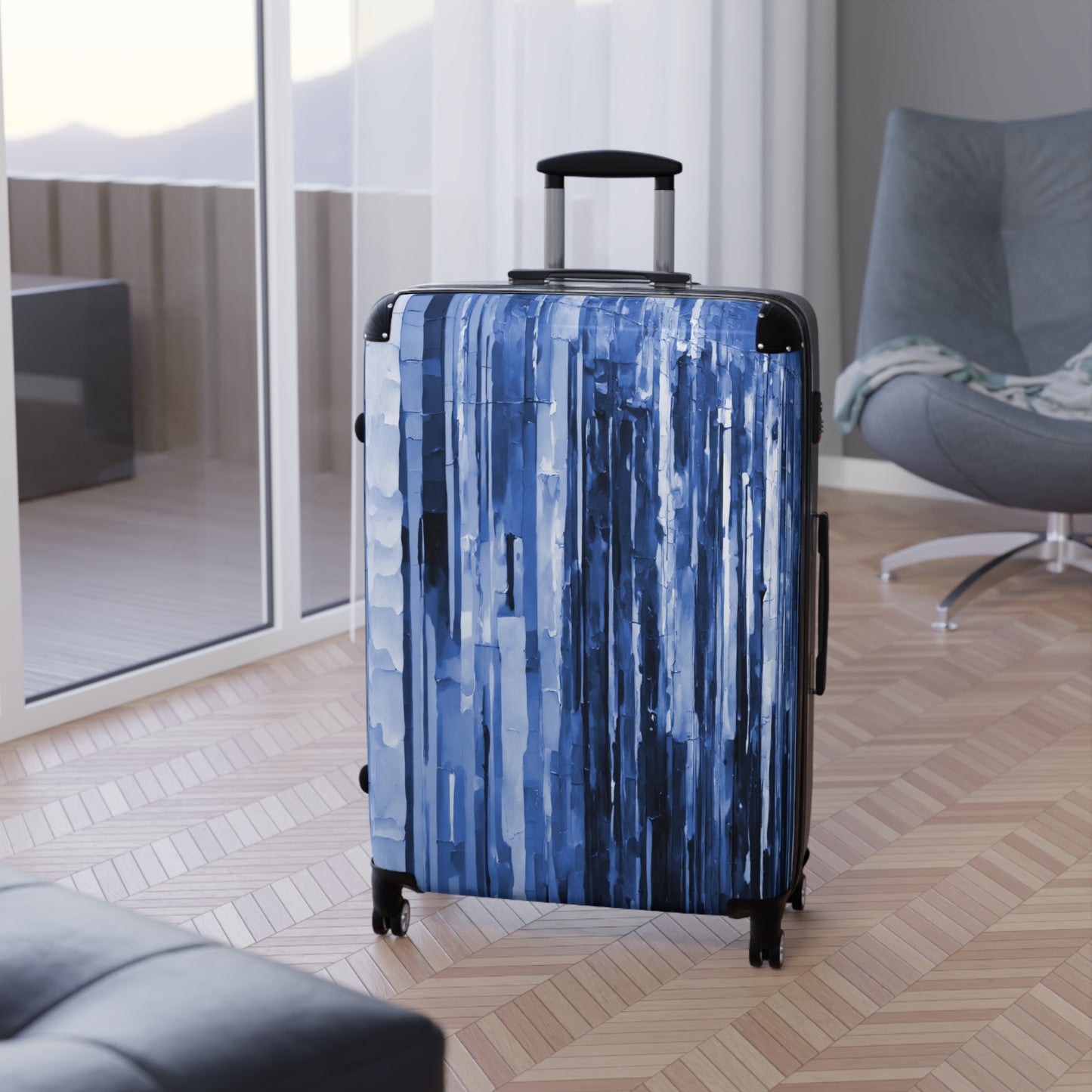 Striped Deep Blue Large Suitcase with built in lock, 4 double-wheels, telescopic handle, and ABS back hard-shell