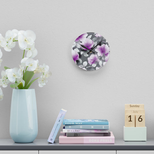 Purple Blossom Floral Bunch Acrylic Round Wall Clock, 8" x 8"