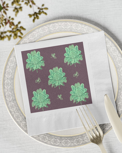 Mint Green Floral Butterflies White Coined Napkins, 6.5" x 6.5"