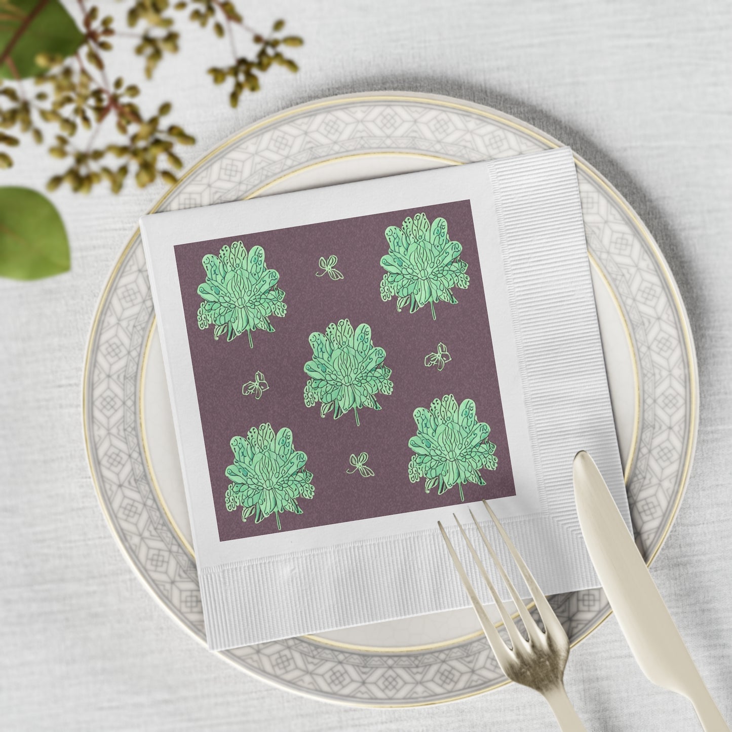Mint Green Floral Butterflies White Coined Napkins, 6.5" x 6.5"