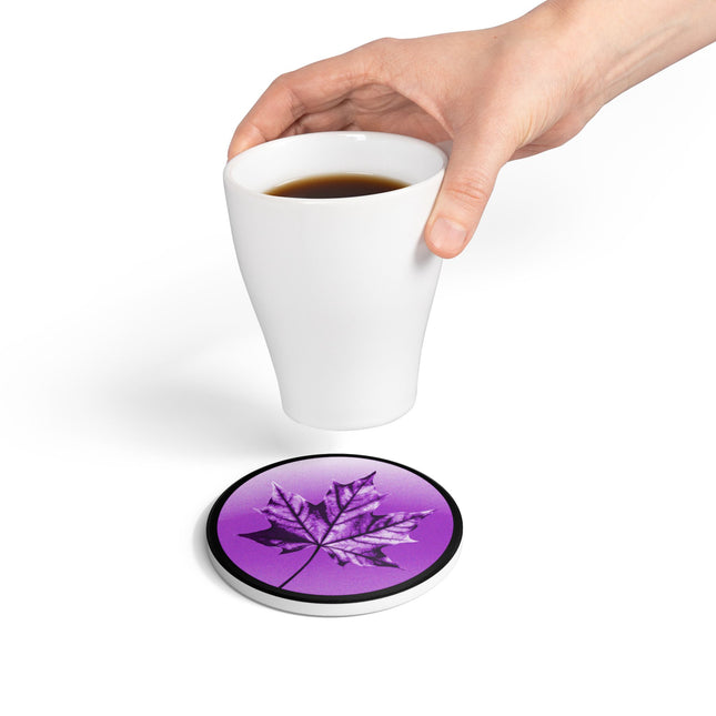 Purple Maple Leaf 4" x 4" Round Ceramic Coaster