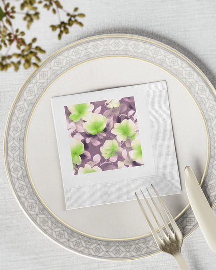 Lime Lavender Floral Bunch White Coined Napkins, 4.8" x 4.8"