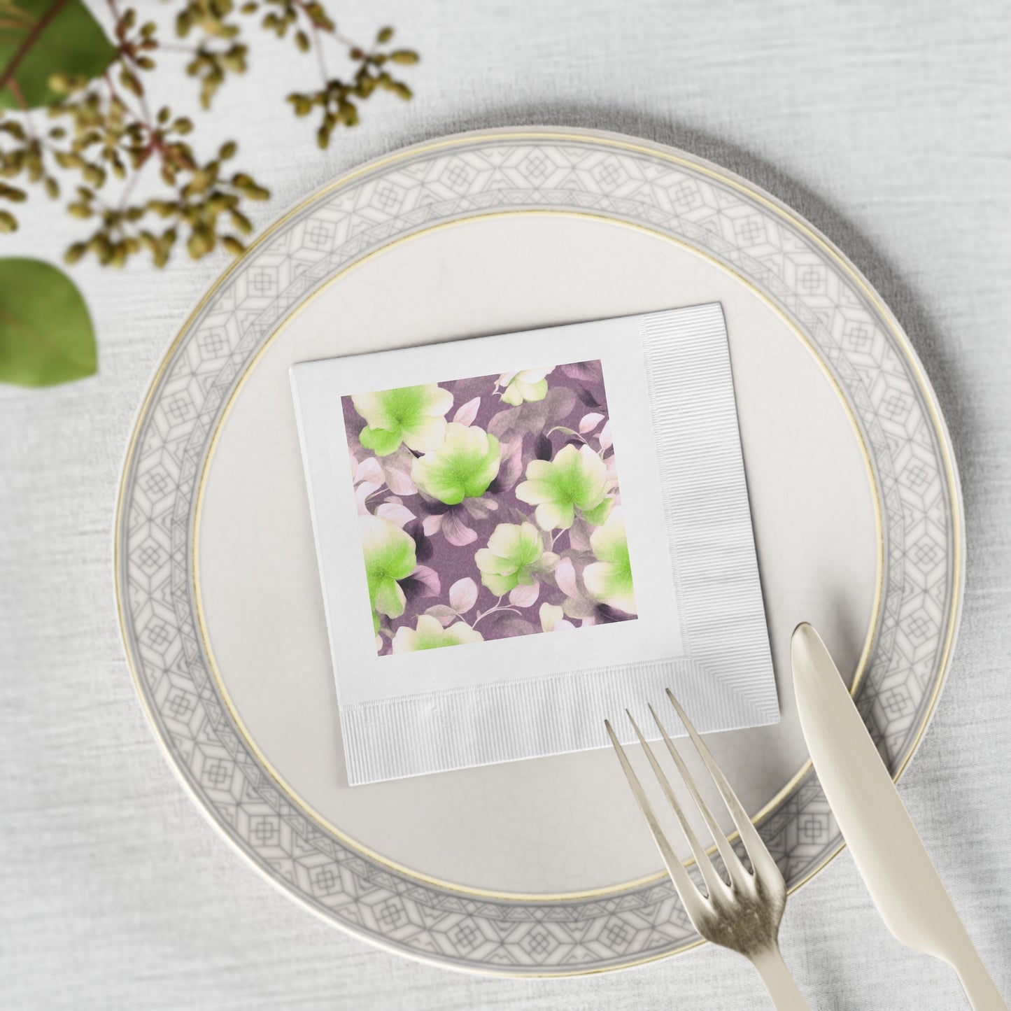 Lime Lavender Floral Bunch White Coined Napkins, 4.8" x 4.8"