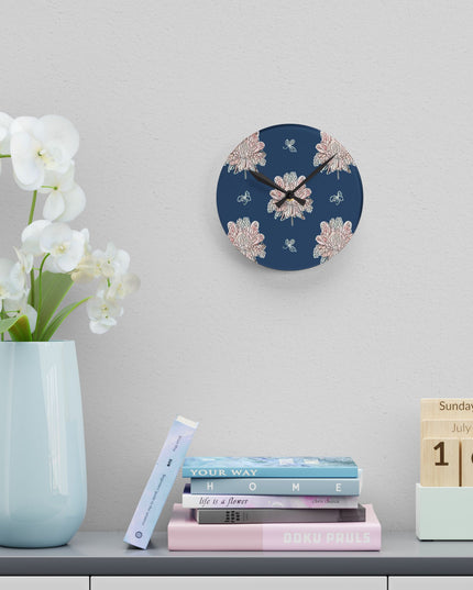 Rose White Floral Butterflies Acrylic Round Wall Clock, 8" x 8"