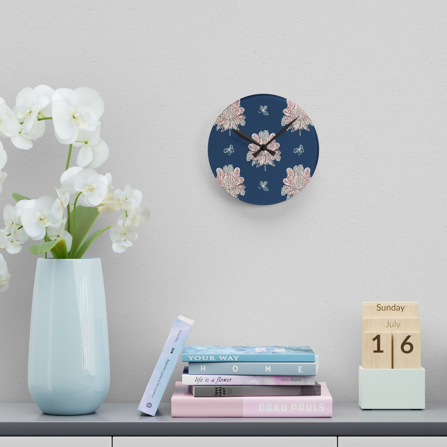 Rose White Floral Butterflies Acrylic Round Wall Clock, 8" x 8"