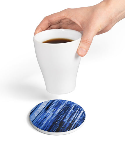 Striped Deep Blue 4" x 4" Round Ceramic Coaster