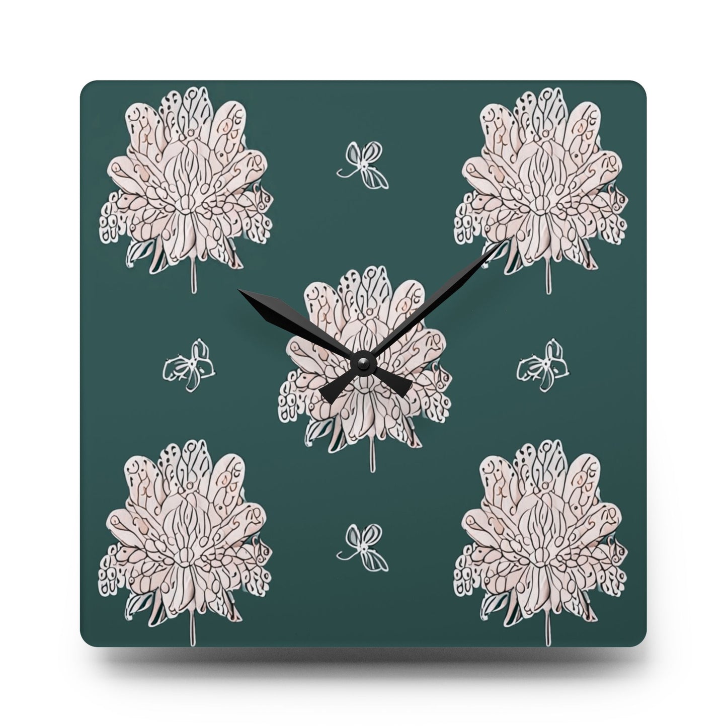 Soft White Floral Butterflies Acrylic Wall Clock, Round or Square, 10.75" x 10.75"