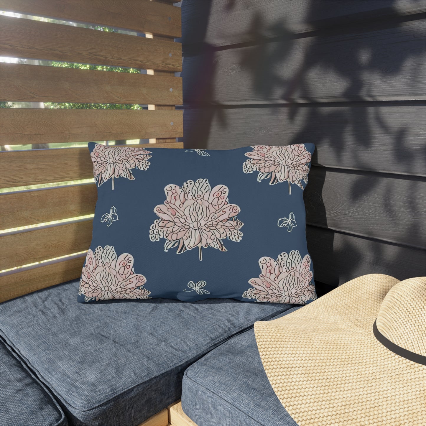 Rose White Floral Butterflies 20" x 14" Outdoor Pillow
