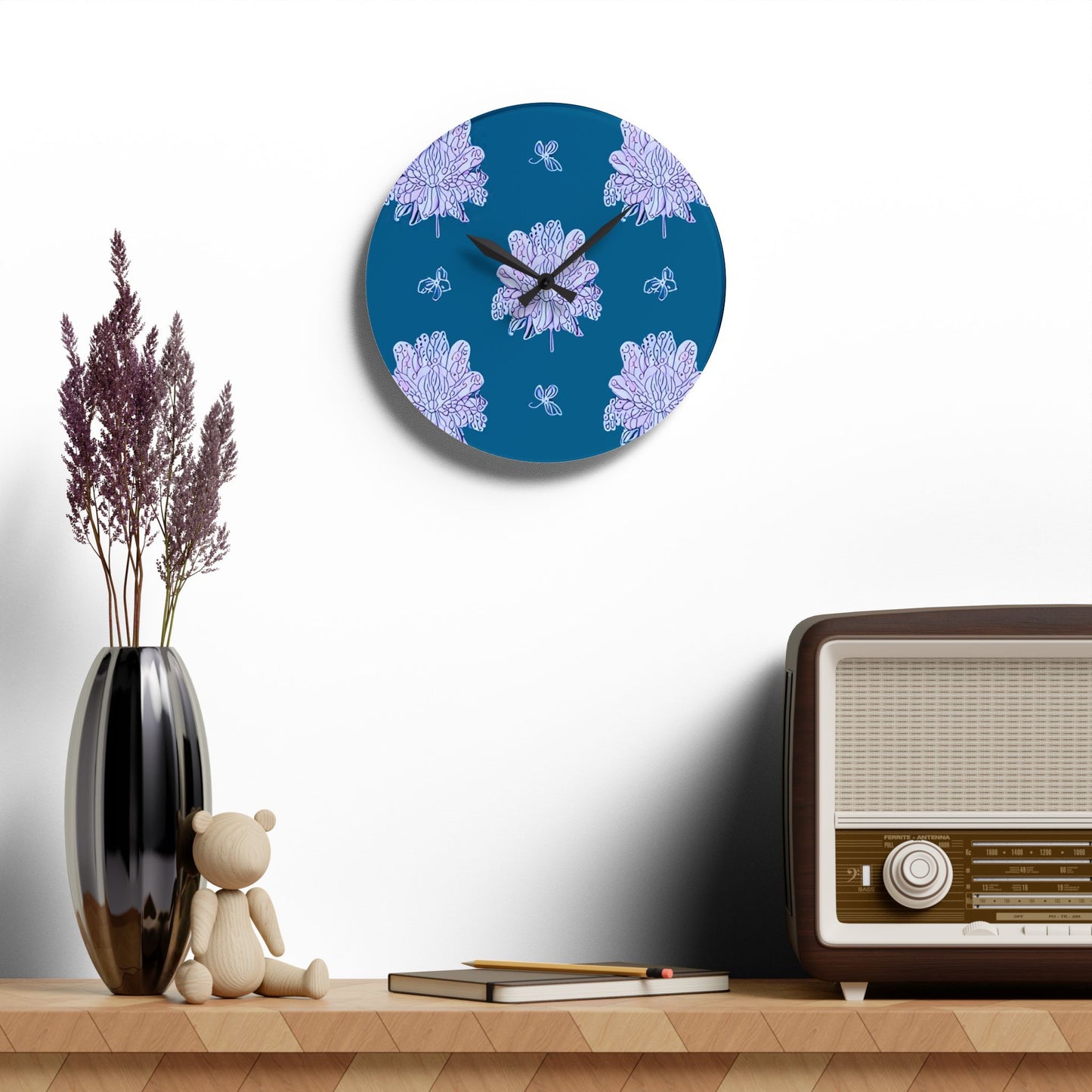 Lavender Floral Butterflies Acrylic Wall Clock, Round or Square, 10.75" x 10.75"