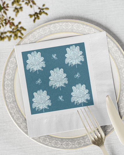 Tif Green White Floral Butterflies White Coined Napkins, 6.5" x 6.5"
