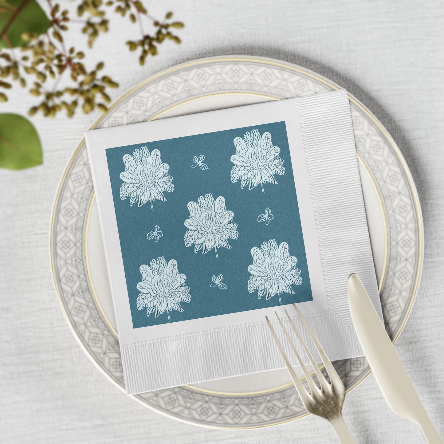 Tif Green White Floral Butterflies White Coined Napkins, 6.5" x 6.5"