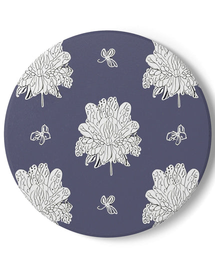 White Floral Butterflies 4" x 4" Round Ceramic Coaster