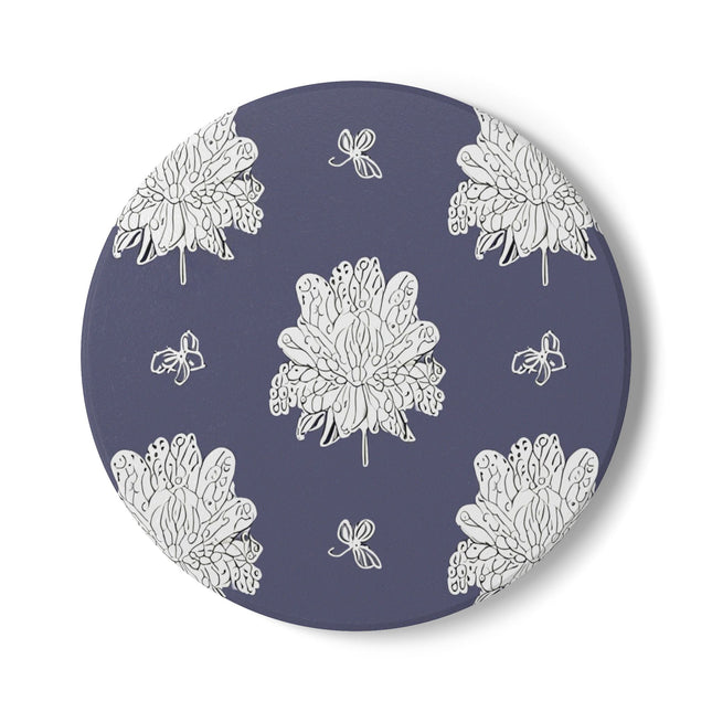 White Floral Butterflies 4" x 4" Round Ceramic Coaster
