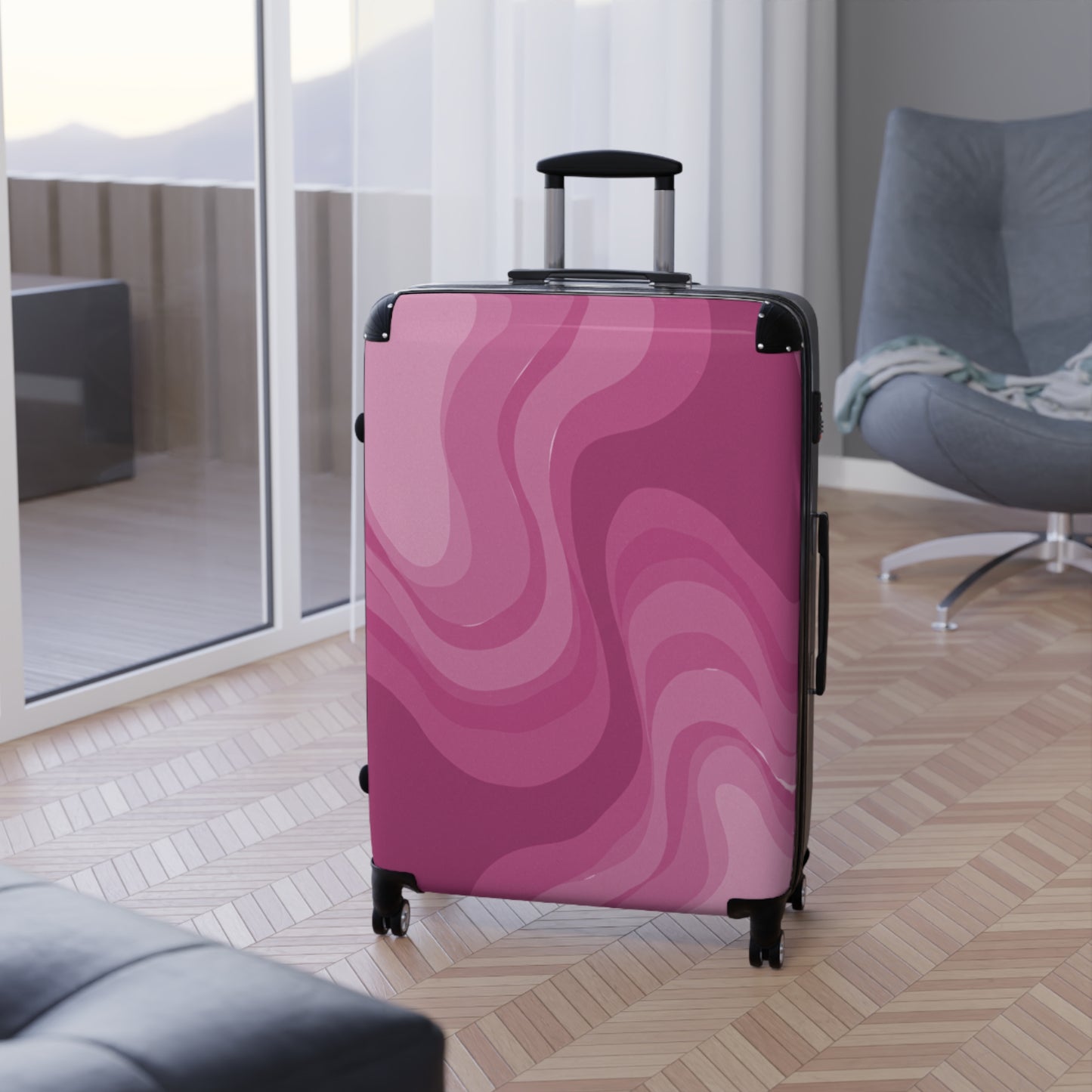 Pinky Mauve Wavey Large Suitcase with built in lock, 4 double-wheels, telescopic handle, and ABS back hard-shell