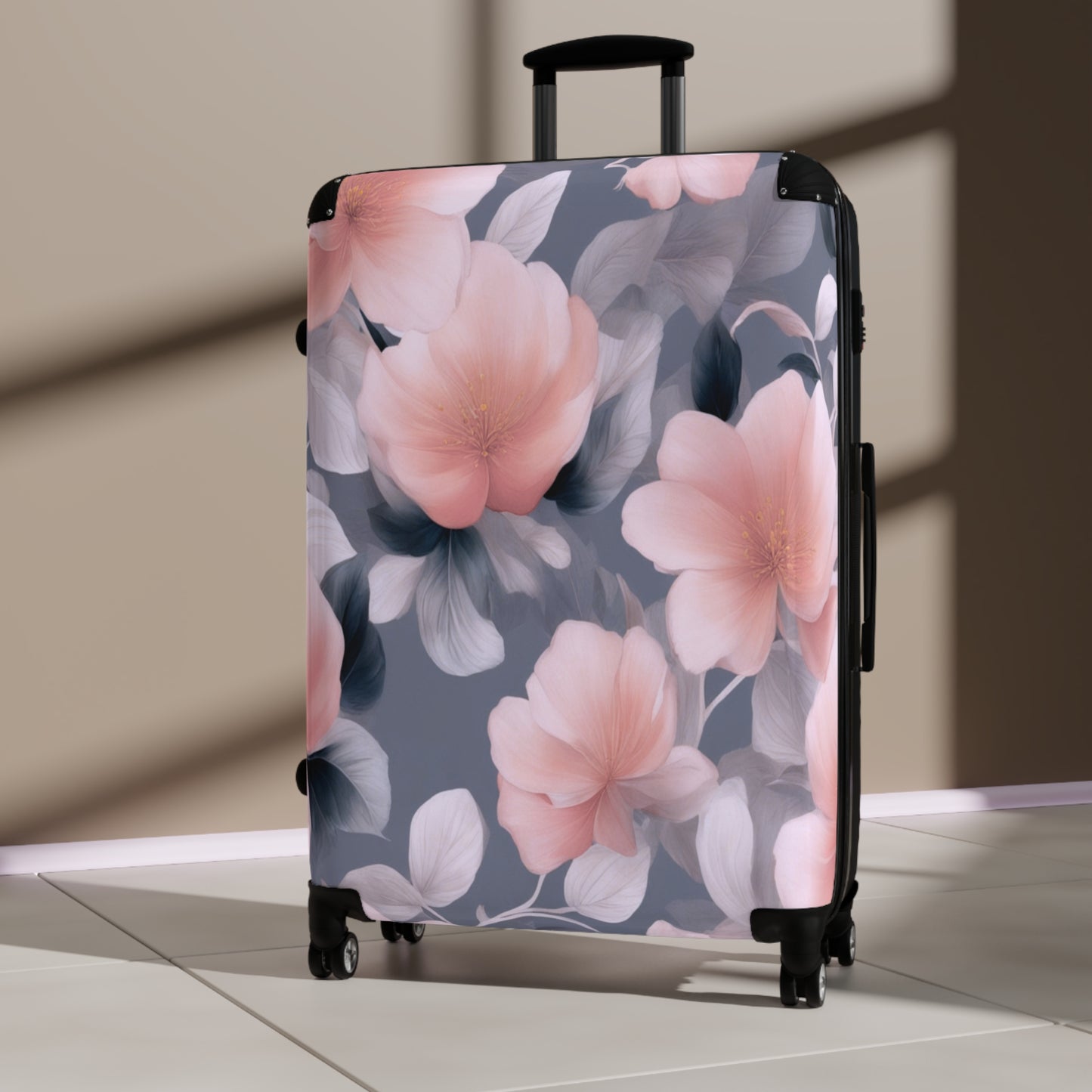 Peach and Blue Gray Floral Bunch Large Suitcase with built in lock, 4 double-wheels, telescopic handle, and ABS back hard-shell