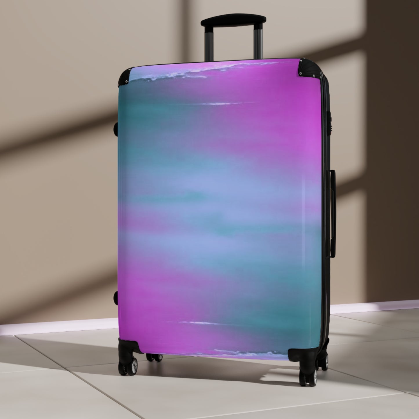 Dark Blue Green Sea Purple Fog Large Suitcase with built in lock, 4 double-wheels, telescopic handle, and ABS back hard-shell