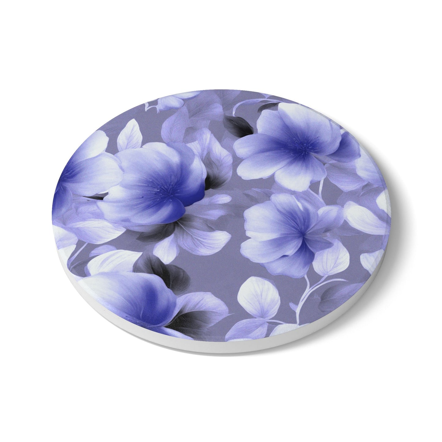 Indigo Blossom Floral Bunch Round Ceramic Coaster, 4" x 4"