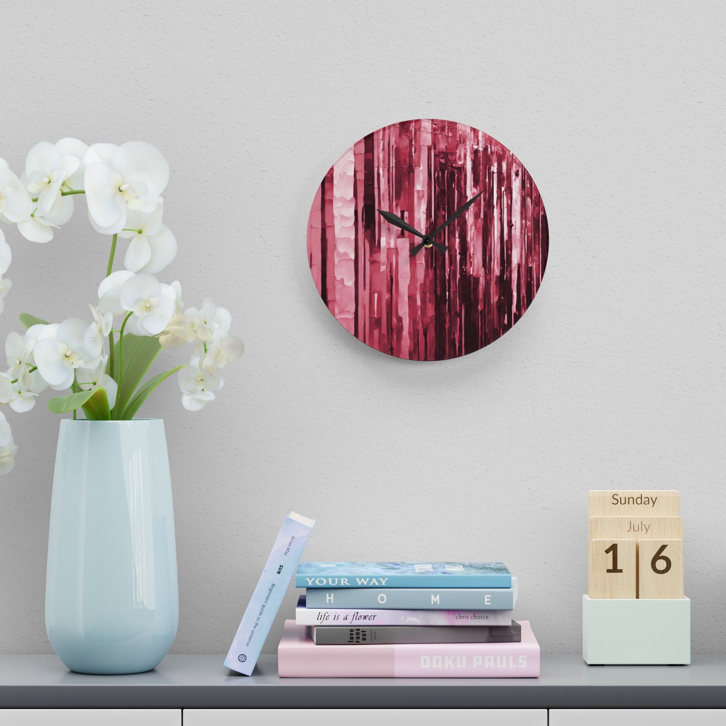 Striped Ruby Acrylic Wall Clock, Round or Square, 10.75" x 10.75"
