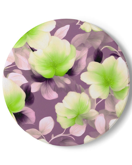 Lime Lavender Floral Bunch Round Ceramic Coaster, 4" x 4"