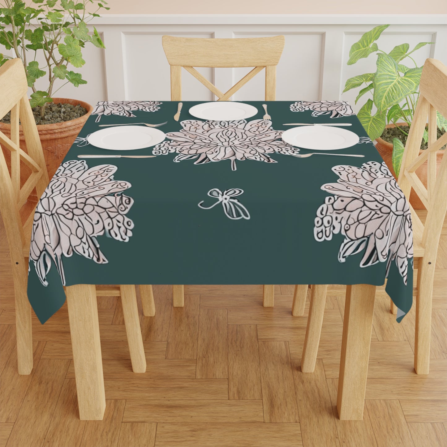 Soft White Floral Butterflies Tablecloth, 55" x 55"