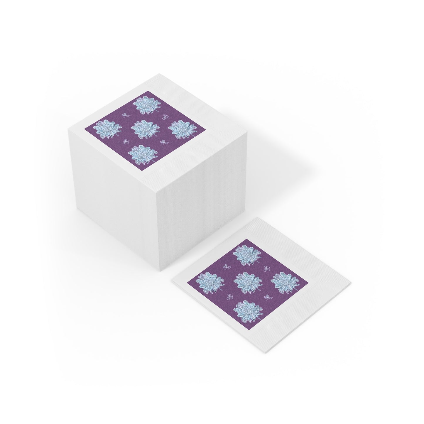 Blue Floral Butterflies White Coined Napkins, 6.5" x 6.5"