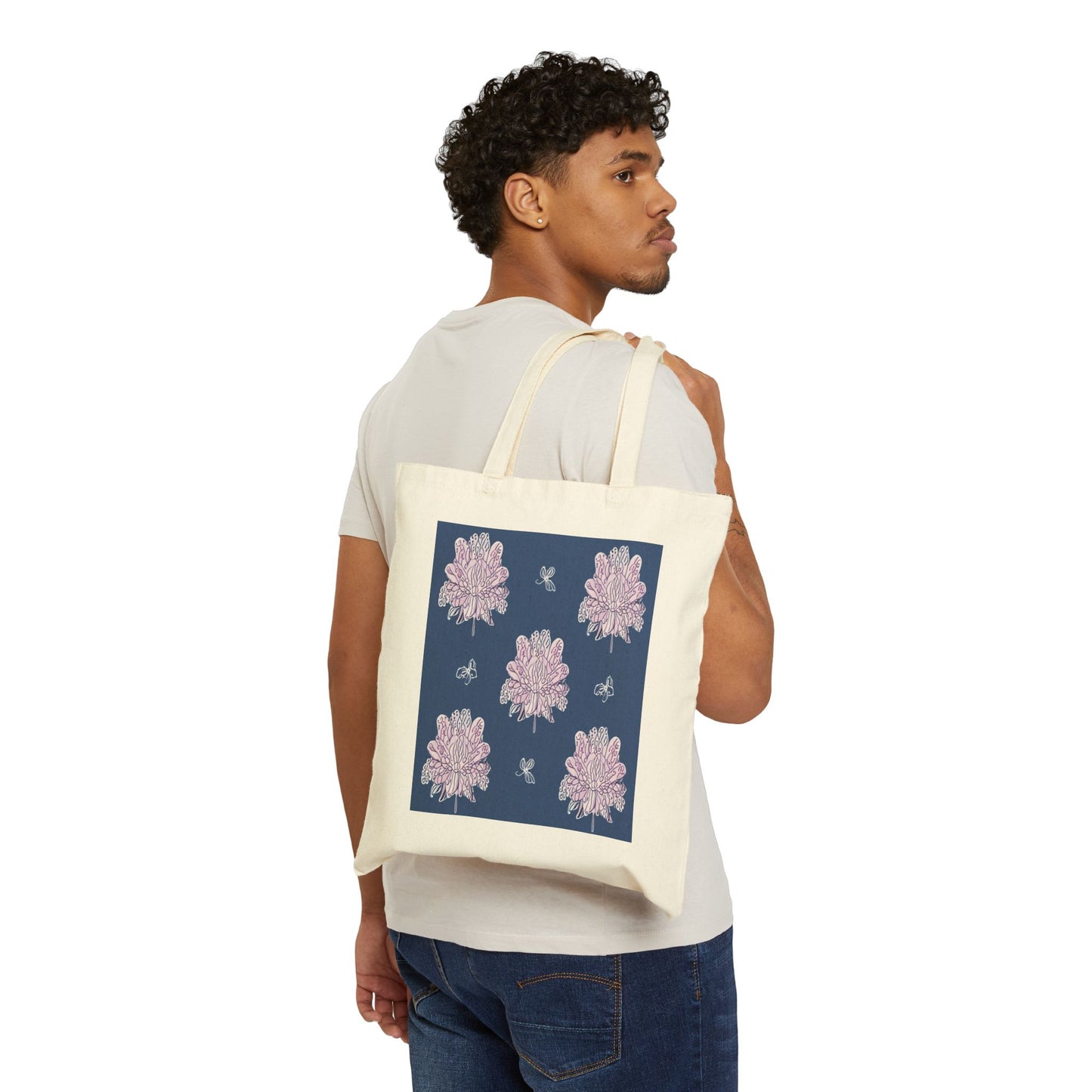 Purple White Floral Butterflies Cotton Canvas Tote Bag
