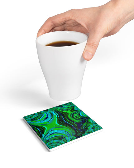 Uzi Spiral Blue Green 4" x 4" Square Ceramic Coaster