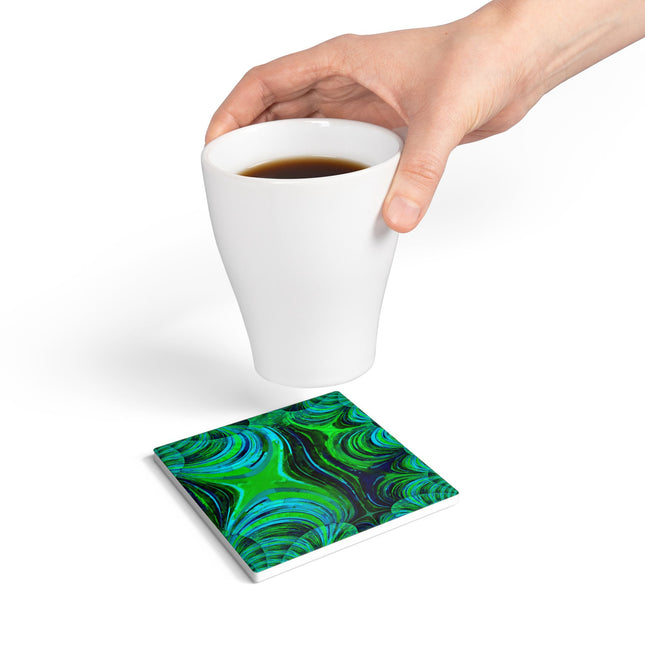 Uzi Spiral Blue Green 4" x 4" Square Ceramic Coaster