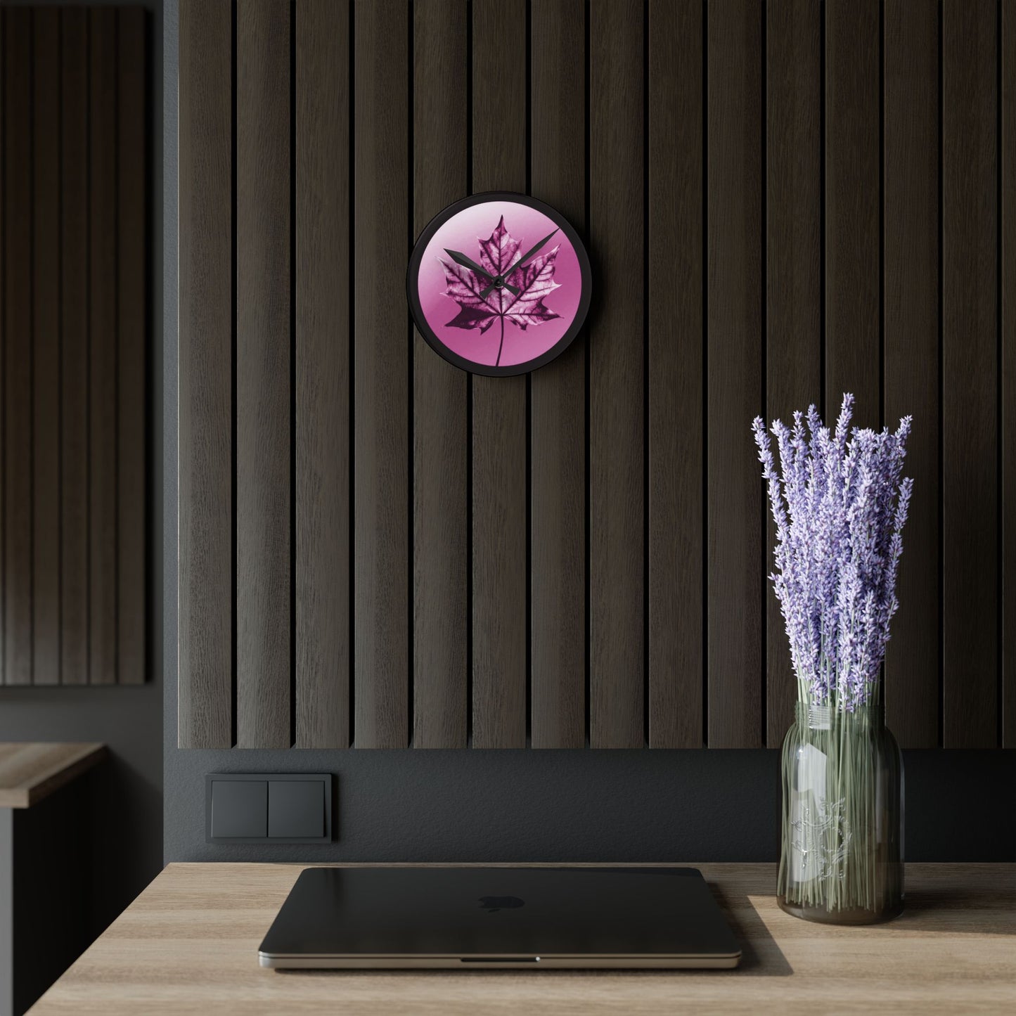 Magenta Maple Leaf Acrylic Round Wall Clock, 8" x 8"