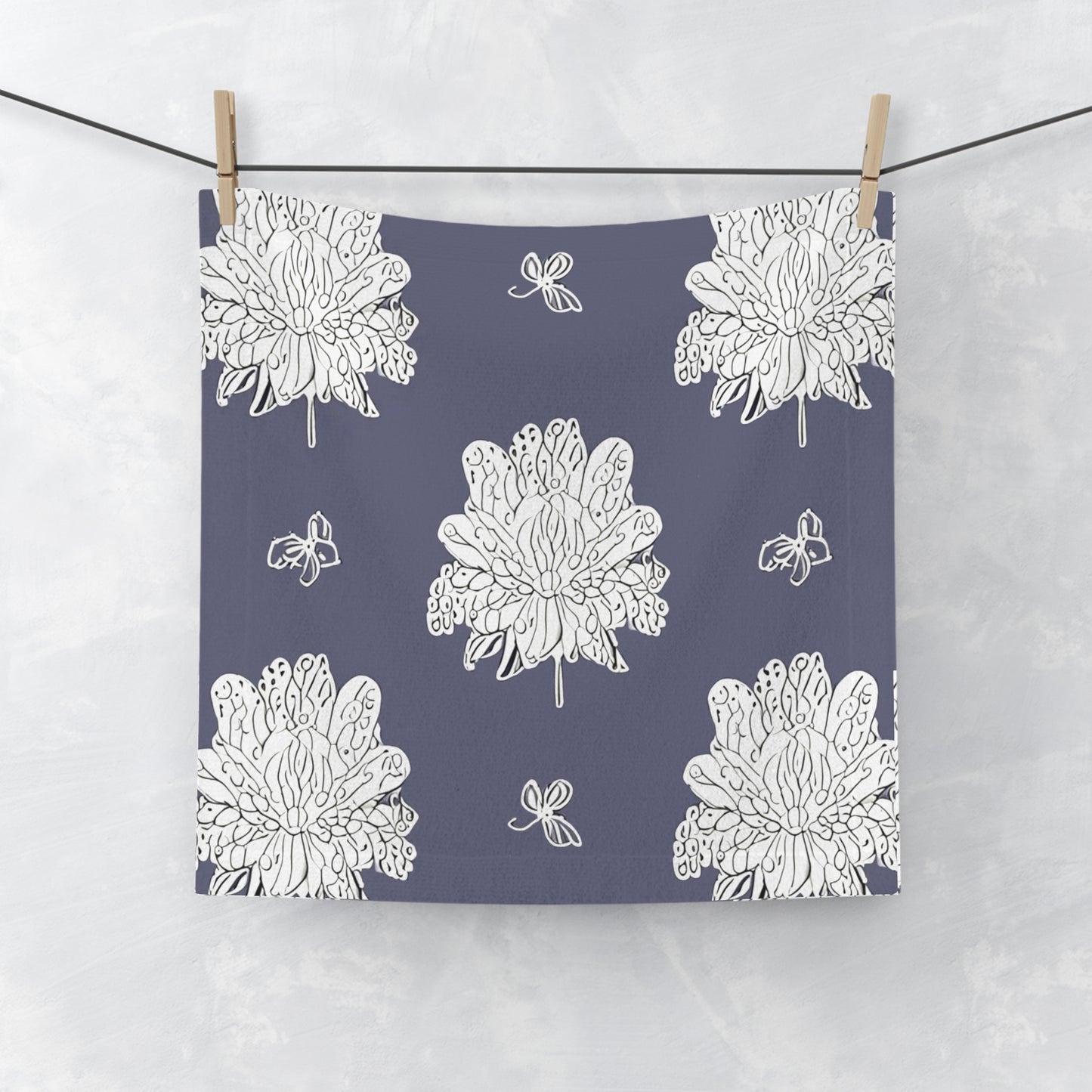 White Floral Butterflies Face Towel, 13" x 13"