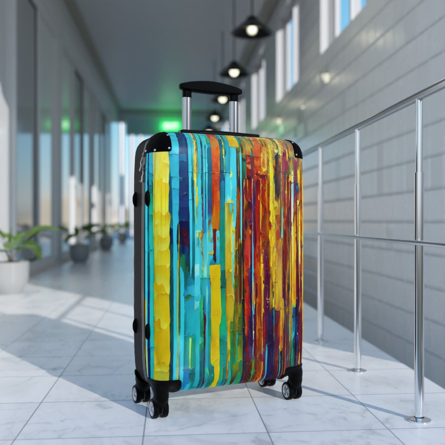 Striped Alpha Medium Suitcase with built in lock, 4 double-wheels, telescopic handle, and ABS back hard-shell