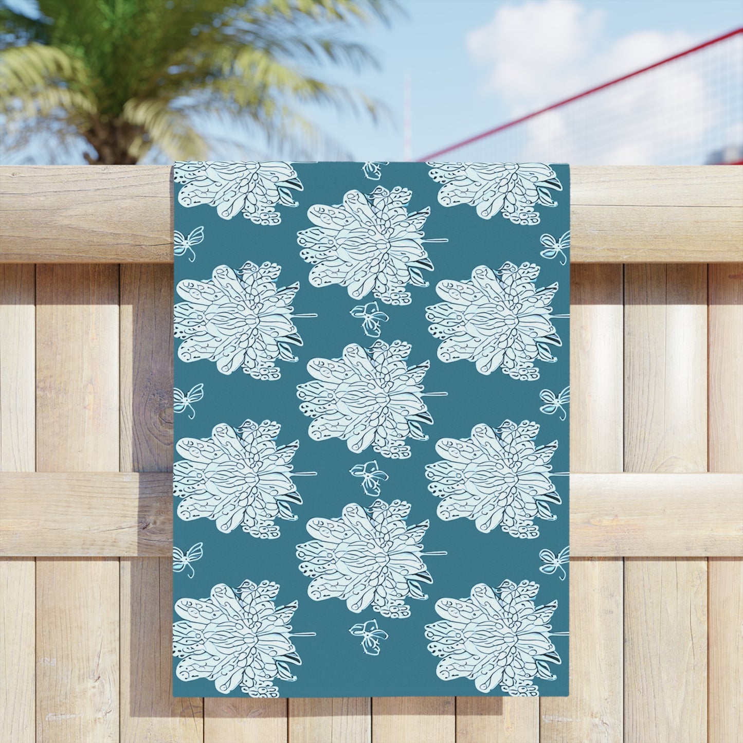Tif Green White Floral Butterflies Beach Towel, 24" x 44"