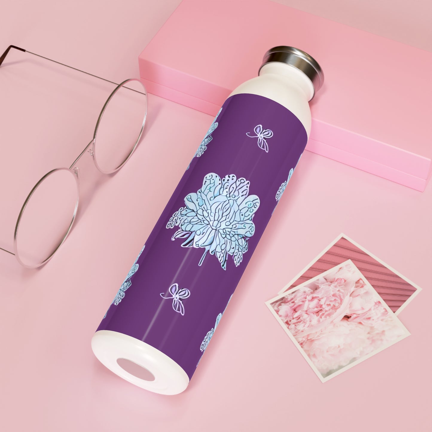 Blue Floral Butterflies Slim Water Bottle, 20 oz White