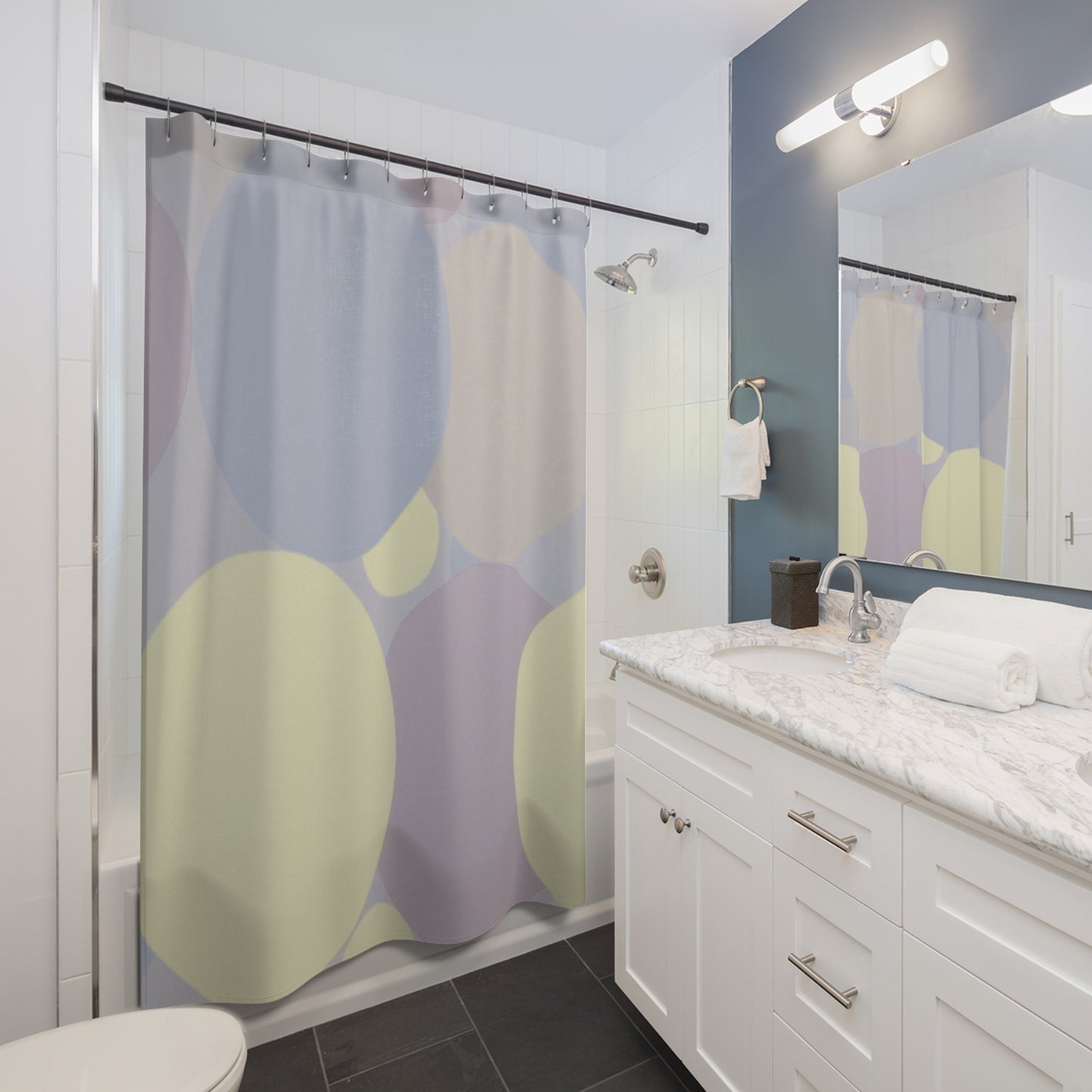 Pastel Soft Blue and Soft White Patches Shower Curtains, 71" x 74"